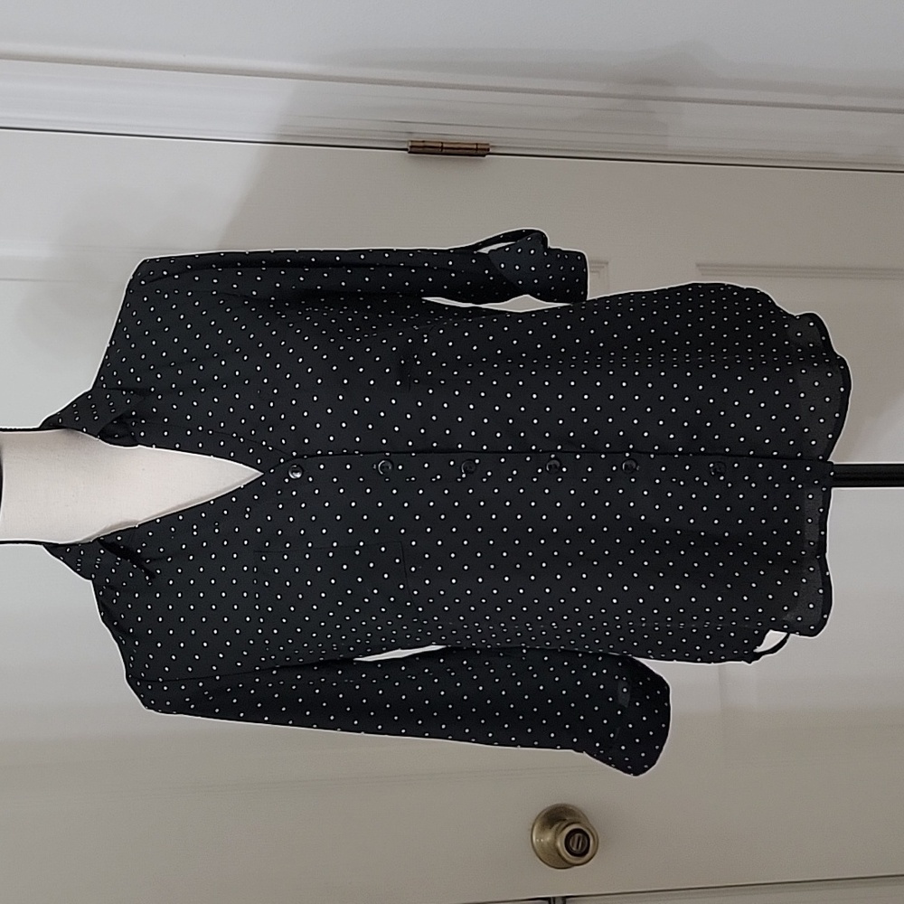 by & by Size S Black with White Polka Dot Button Down Roll-Tab Sleeve Blouse EUC